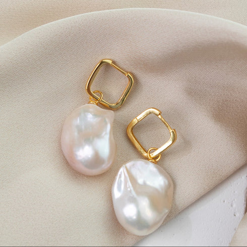 Baroque Pearl Drop Gold Square Hoop Earrings